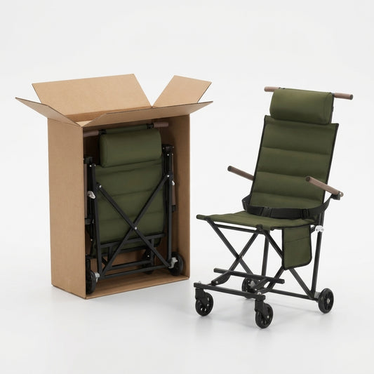 Empaque de la silla de paseo plegable Calmora Vital, diseñada para comodidad y portabilidad en paseos.